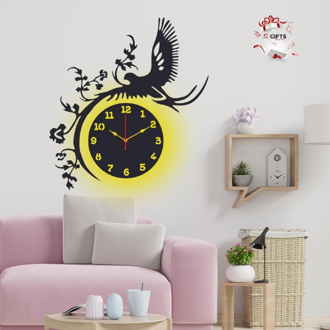 Elegant 3D Bird Wall Clock - Black MDF Wood Design