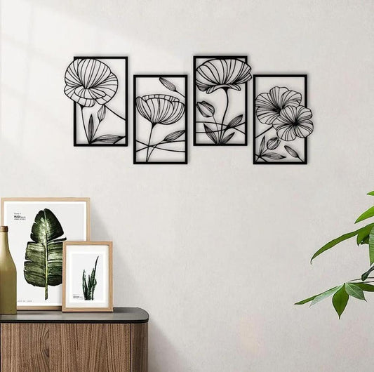 4 Pcs MDF Wood Flowers In Frame Wall Hanging