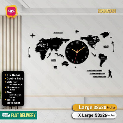 World Map Wooden DIY Wall Clock - Large