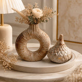 Rustic Beige Ceramic Vase Set with Matching Storage Jar