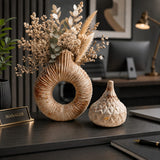 Rustic Beige Ceramic Vase Set with Matching Storage Jar